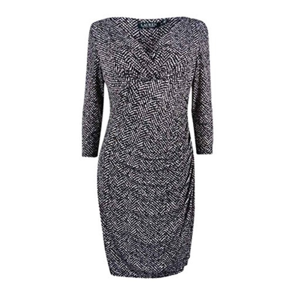 Ralph Lauren Womens Printed Rouched Casual Dress , Black/White size 4
